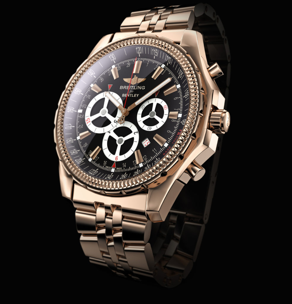 3D rendered Breitling for Bentley gold chronograph watch with black dial and metal bracelet, created by Digital Imaging Group