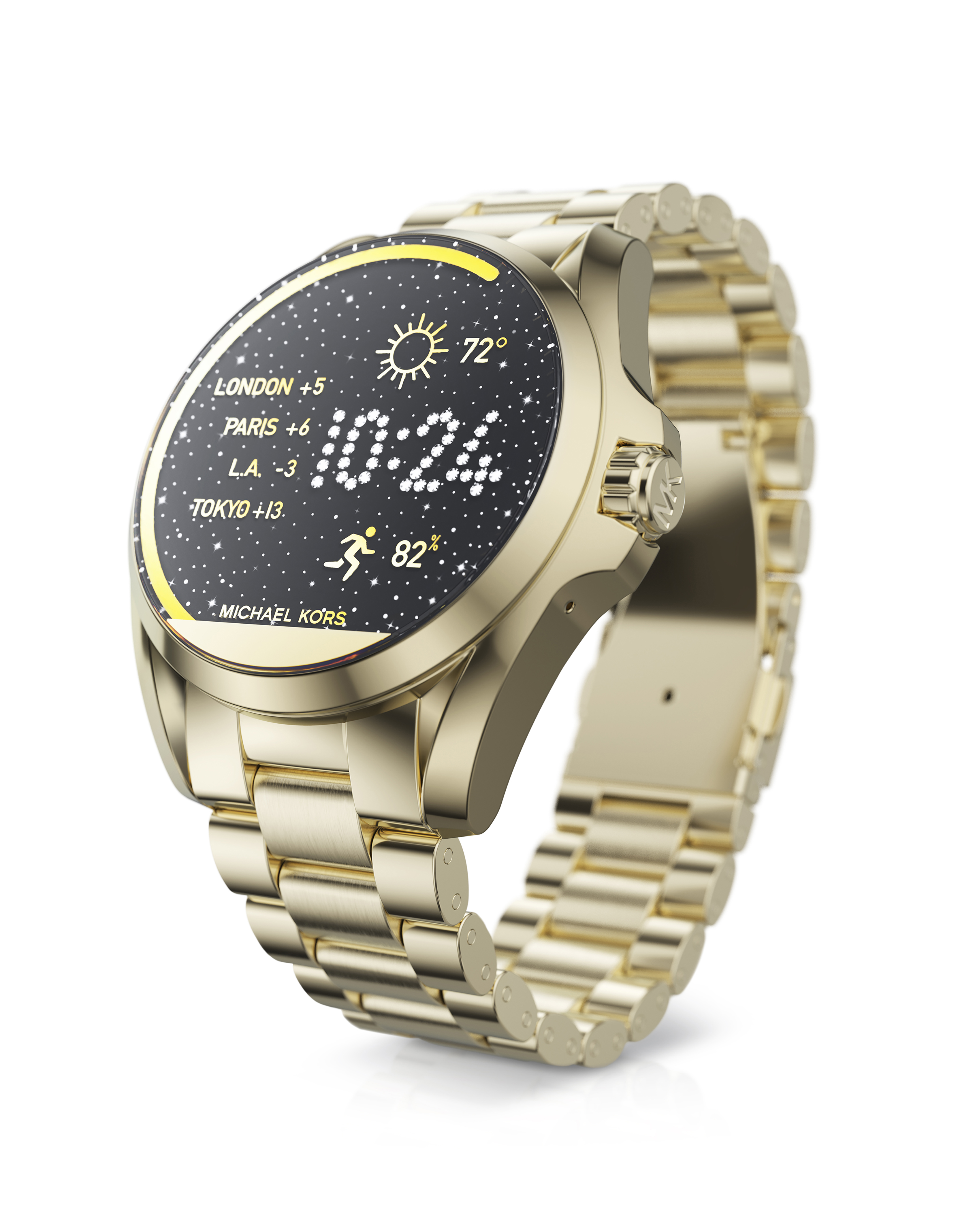 Michael Kors Smartwatch – Gold Touchscreen Edition | 3D Render by Digital Imaging Group for Fossil 3D rendered gold Michael Kors touchscreen smartwatch with starry digital display and world time interface, created by Digital Imaging Group for Fossil
