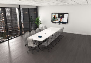 CGI rendering of modern enterprise conference room with video conferencing display