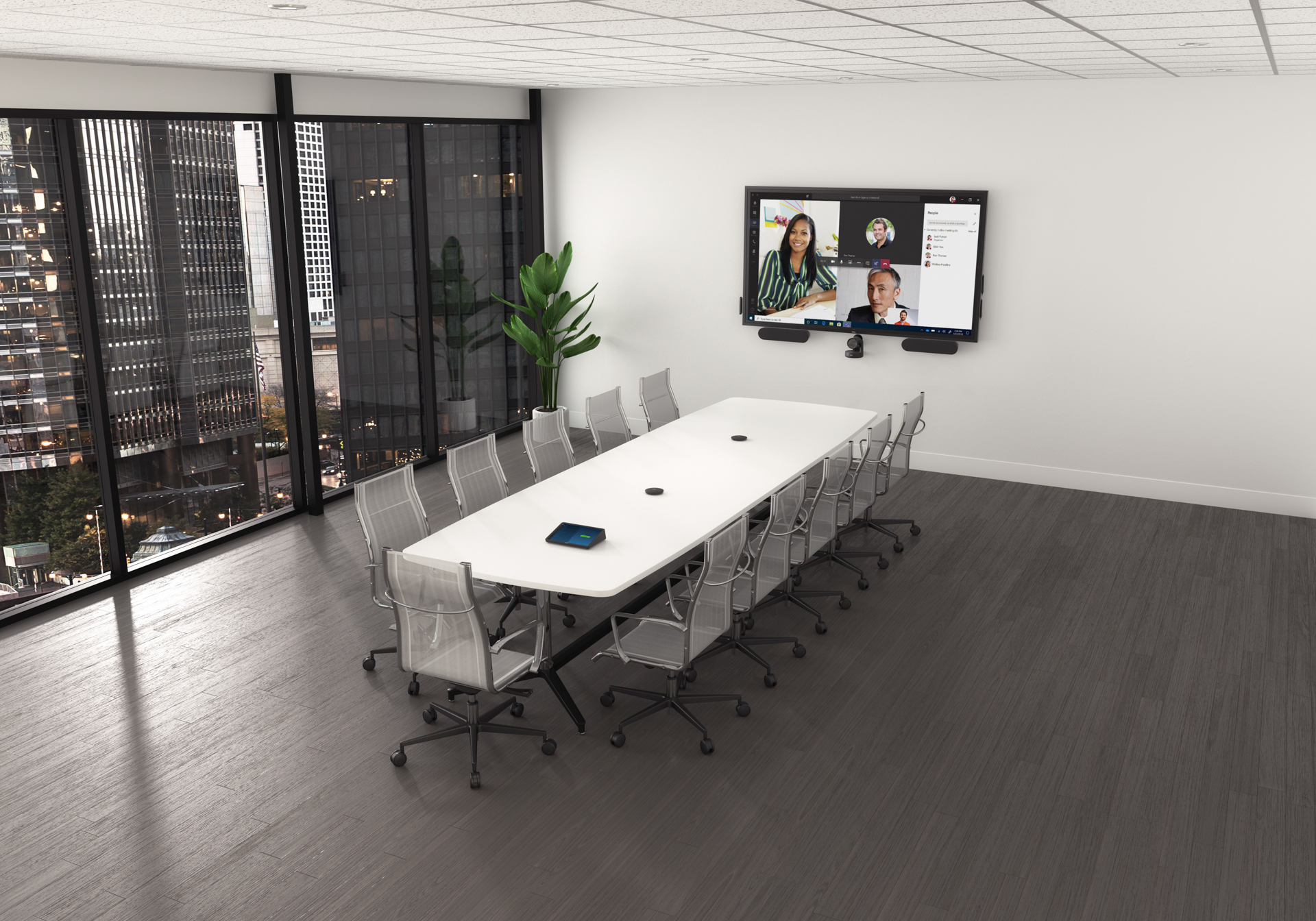 Large CGI Conference Room with Dell Collaboration Display CGI rendering of modern enterprise conference room with video conferencing display