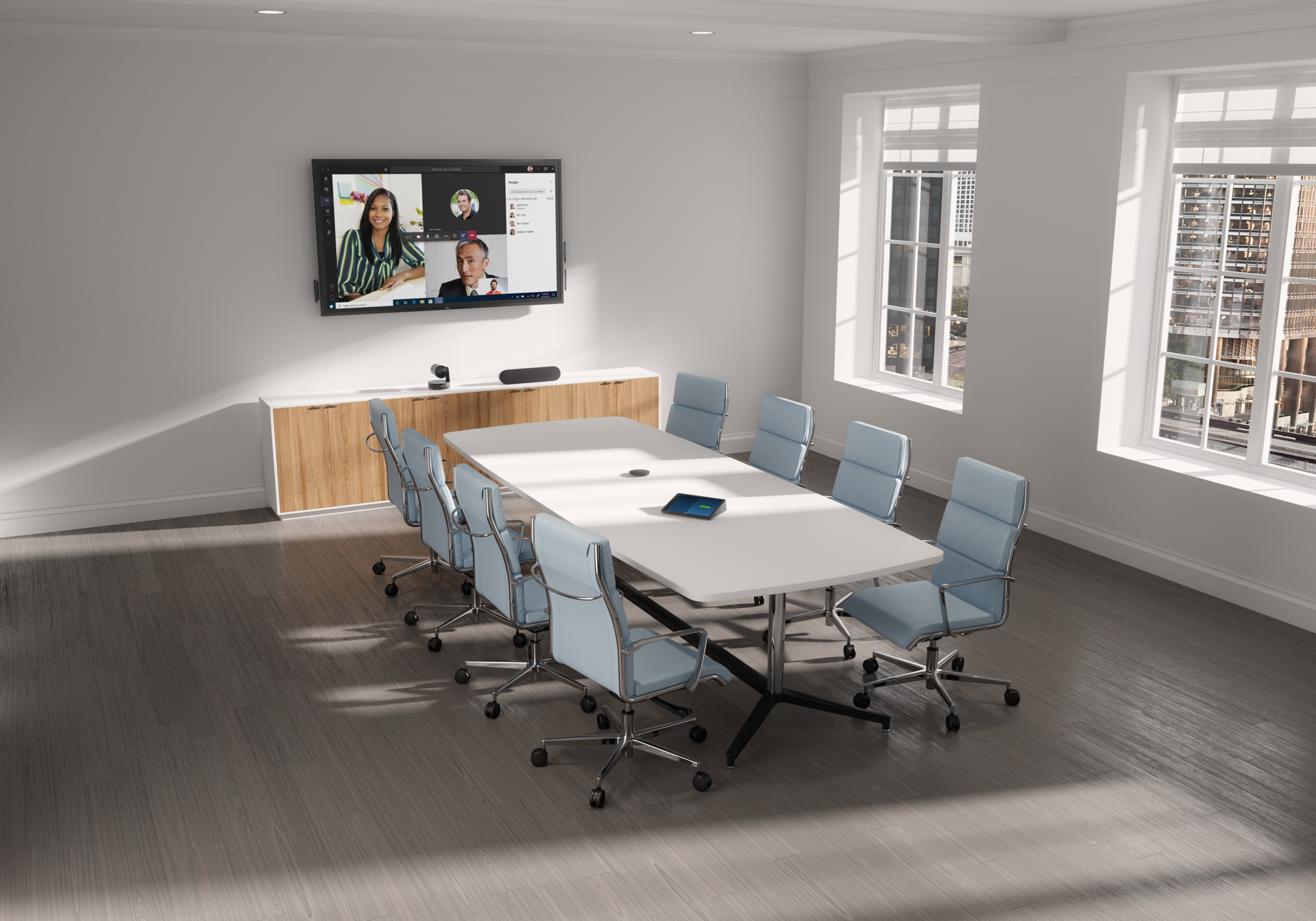 Enterprise-Ready CGI Conference Room with Dell Collaboration Technology CGI rendering of modern conference room with video conferencing setup