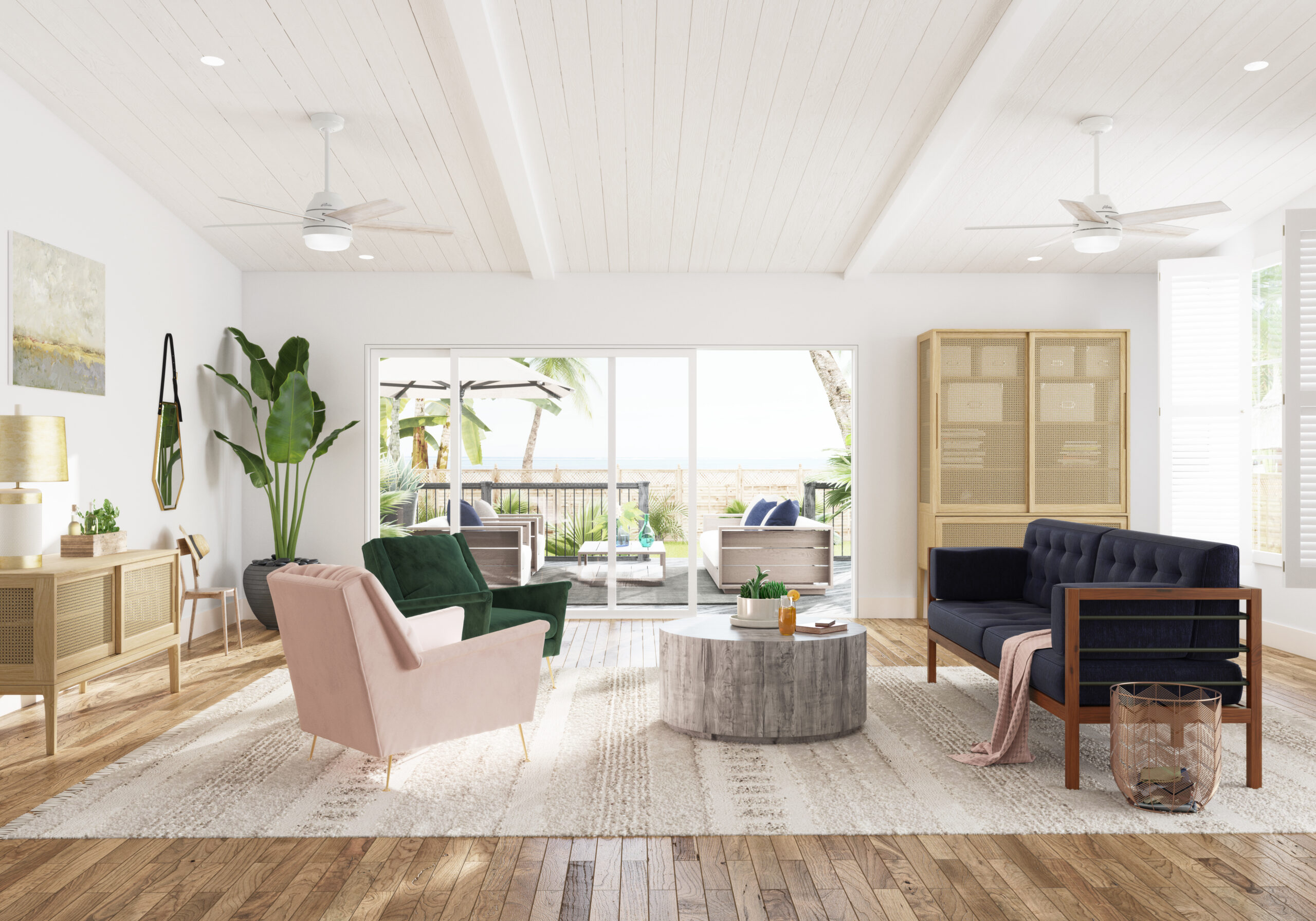 CGI-rendered tropical living room with patio view and modern eclectic furniture