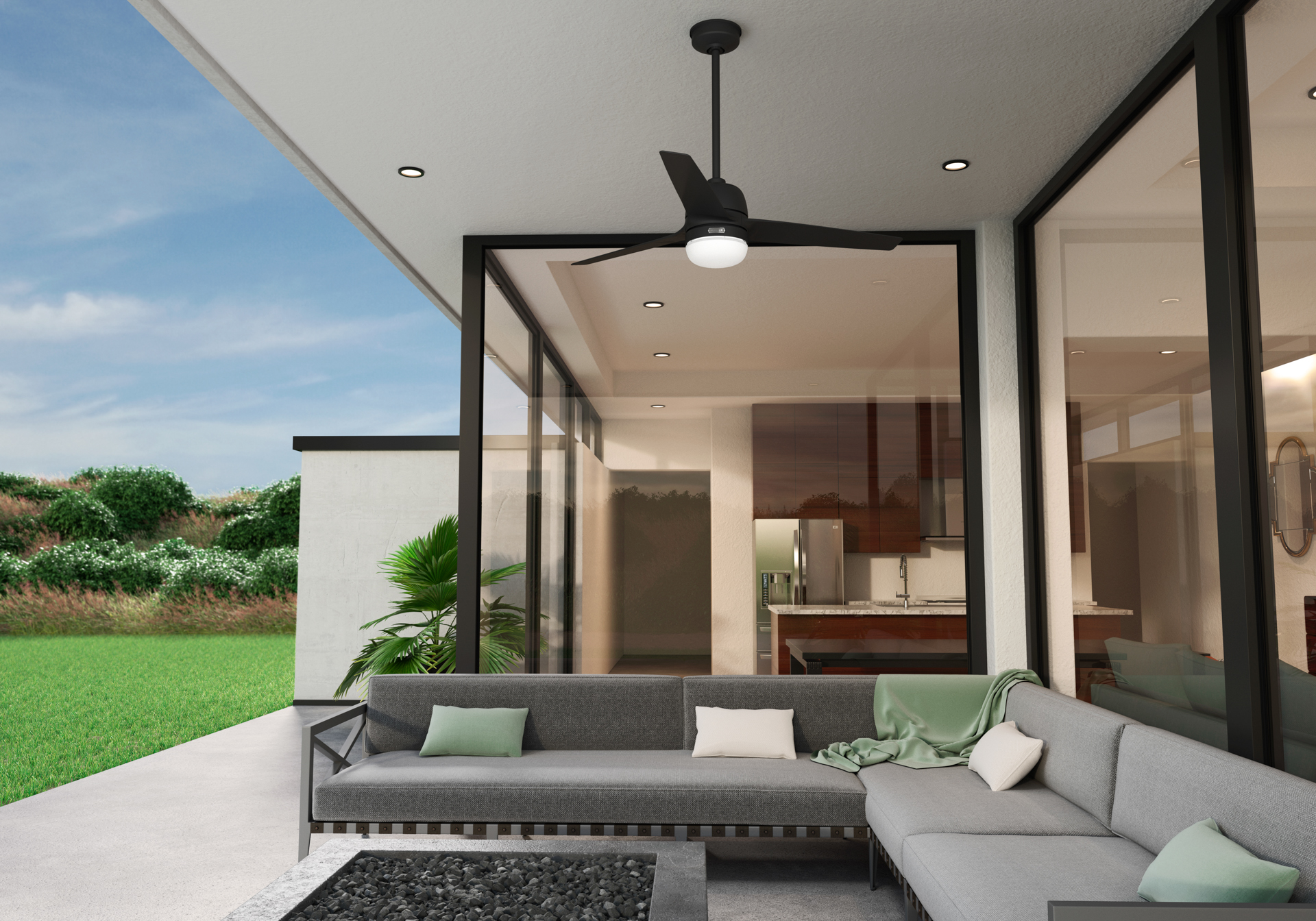 Contemporary Outdoor Living CGI Patio CGI rendering of a modern outdoor patio with sectional sofa and ceiling fan